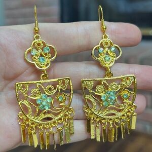 Large Fancy Gold Tone Filigree Dangle Earrings with Light Blue Iridescent Stones